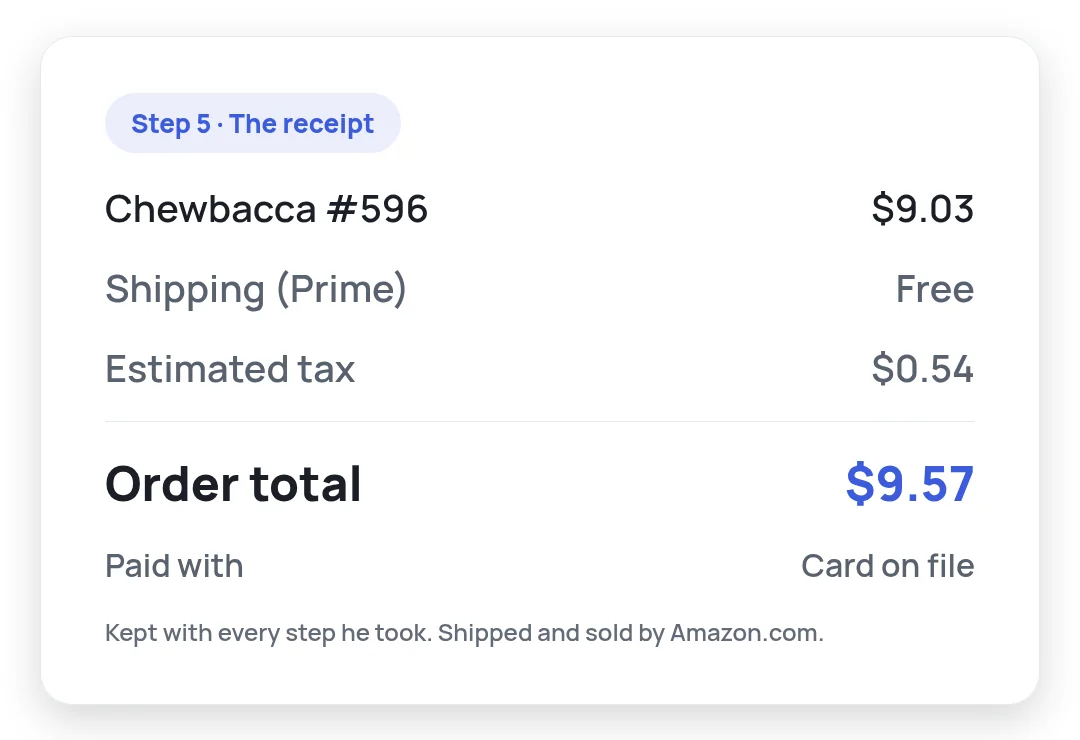The receipt from Andrew's real Amazon run: the item, free Prime shipping, tax and the $9.57 order total